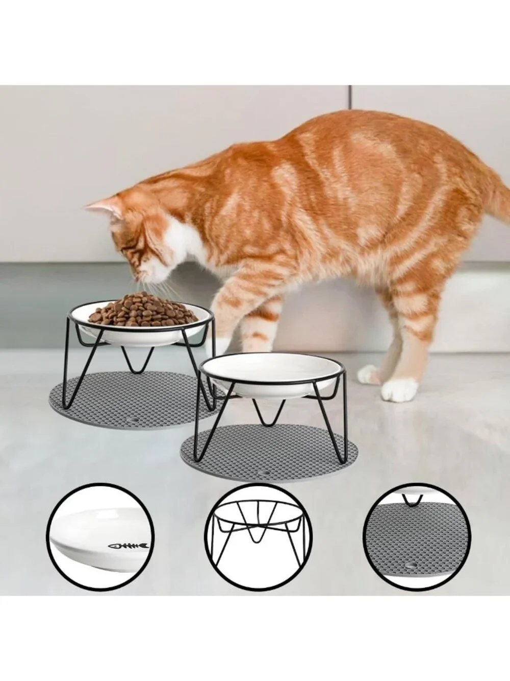 Elevated Cat Bowls Set - Ceramic Dishes with Metal Stand, Whisker Friendly